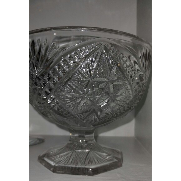 Vintage Pressed Glass Pedestal Compote Bowl | Starburst Diamond Cut Pattern - Picture 6 of 6